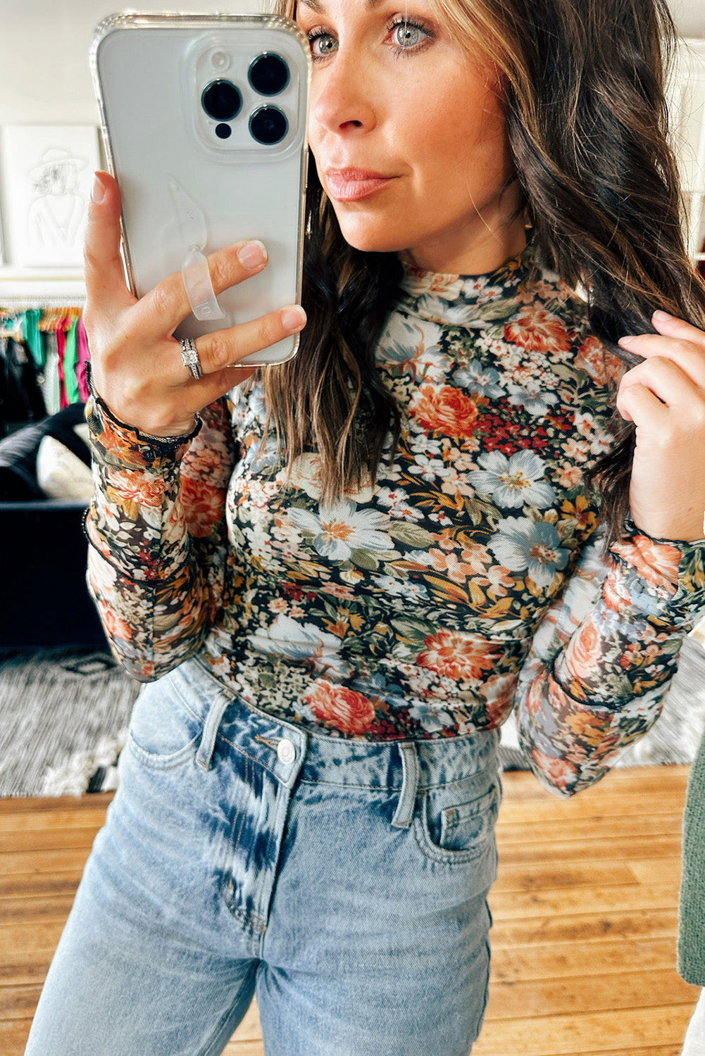 PREORDER Floral High Neck Mesh Top