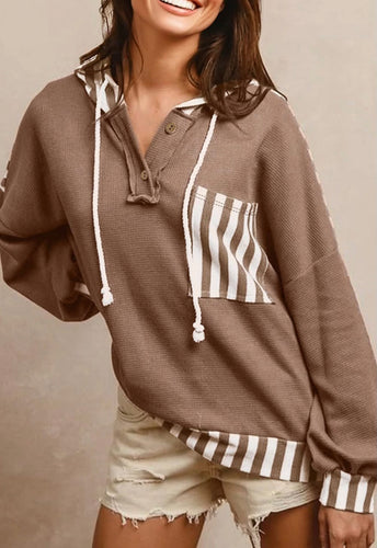Waffle Striped Patchwork Hoodie