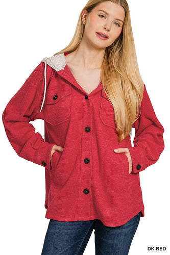 BRUSHED RIB HOODED BUTTON DOWN SHACKET (2 colors)