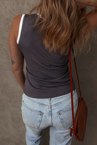 PREORDER Carbon Grey Ribbed Knit Colorblock Edge U Neck Slim Fit Tank Top