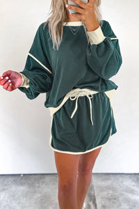 PREORDER Contrast Loose Pullover and Lace-up Waist Skort Set