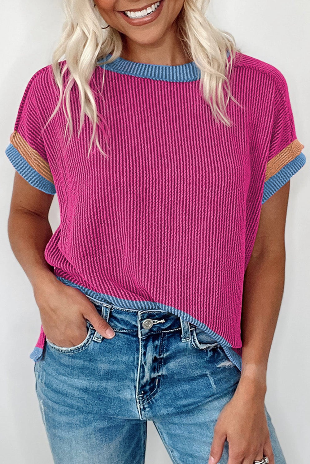 PREORDER Textured Contrast Trim Round Neck T Shirt