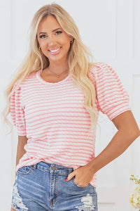 Textured Puff Sleeve Crewneck Top