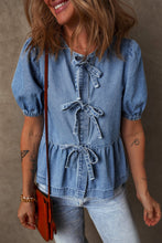 Load image into Gallery viewer, Dusk Blue Tied Front Bubble Sleeve Peplum Denim Shirt