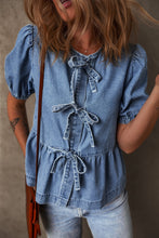 Load image into Gallery viewer, Dusk Blue Tied Front Bubble Sleeve Peplum Denim Shirt