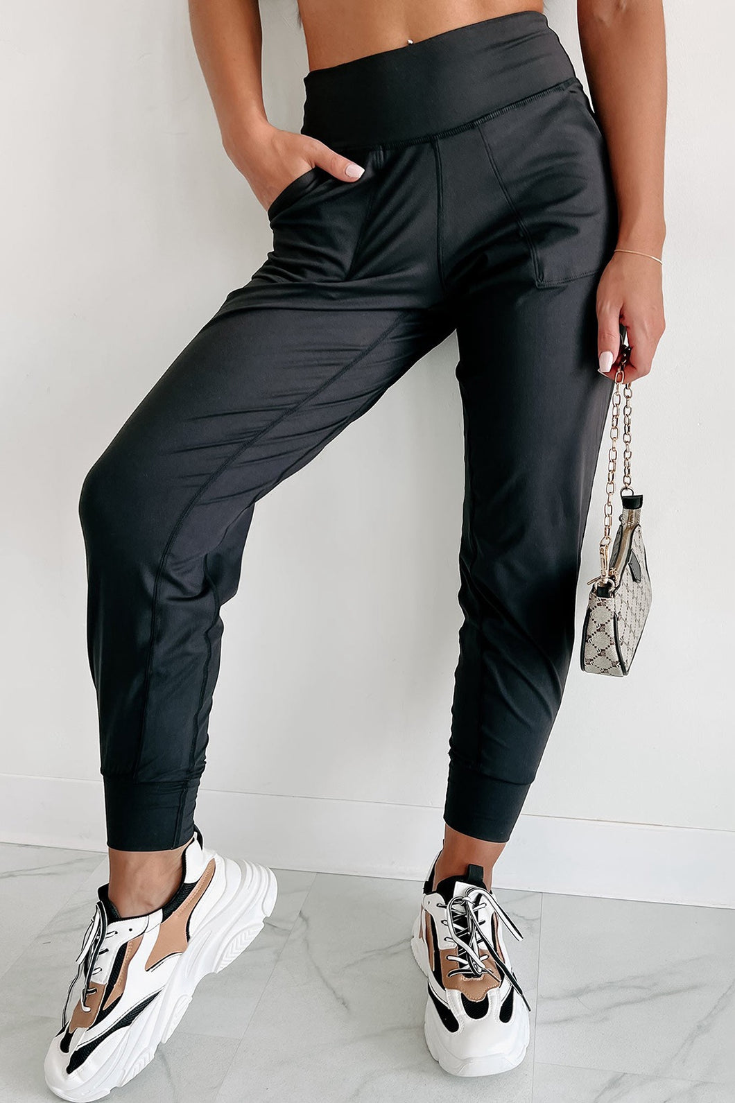 PREORDER Black Exposed Seam High Waist Pocketed Joggers