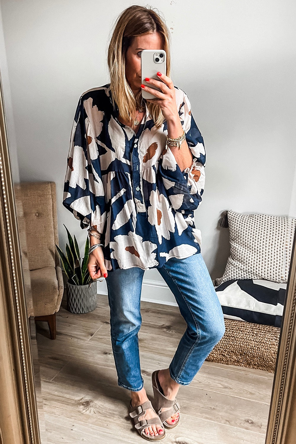 PREORDER Floral Print Puff Sleeve Half Button Blouse