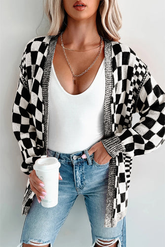 PREORDER Checkered Open Front Drop Shoulder Cardigan (3 colors)