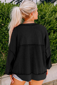 PREORDER Black Drop Shoulder Henley Buttons Sweatshirt