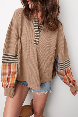 PREORDER Waffle Stripe Plaid Patchwork Henley Knit Top