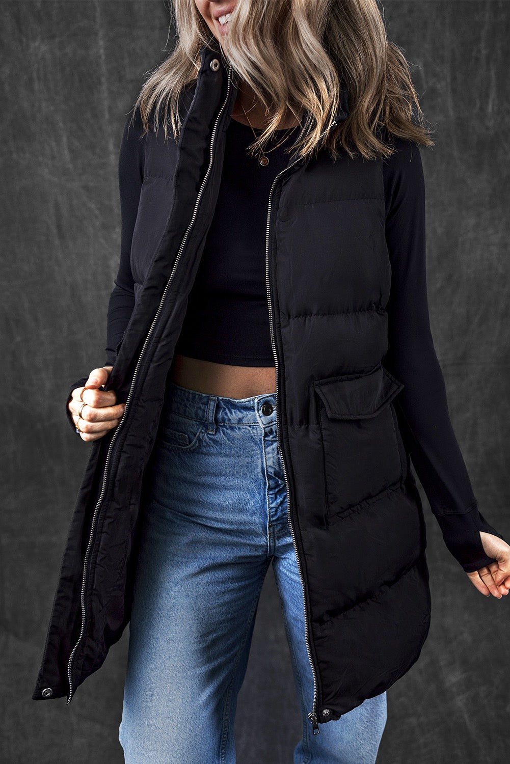 PREORDER Black Windproof Longline Puffer Vest