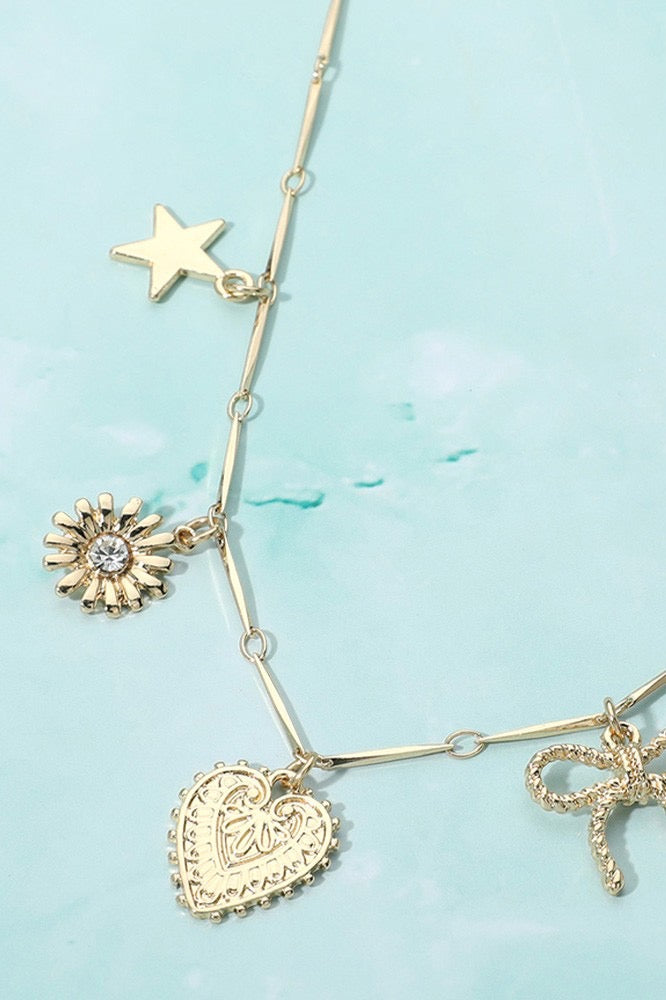 PREORDER Metal Heart Bow Star Flower Charm Station Necklace