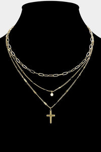 PREORDER Round Stone Brass Metal Cross Layered Necklace