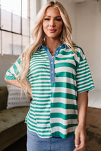 Load image into Gallery viewer, PREORDER Green Stripe Colorblock Collar Half Buttons T Shirt