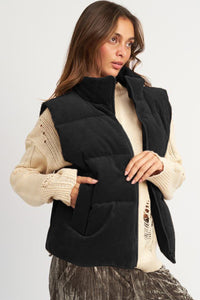 PREORDER Corduroy Stand Neck Zipped Puffer Vest