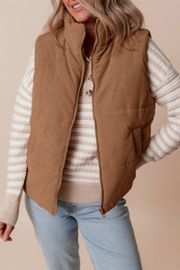 PREORDER Corduroy Stand Neck Zipped Puffer Vest