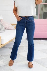 Lovervet Mid Rise Dark Wash Raw Hem Kick Flare Jeans