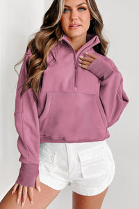 PREORDER Fleece Lined Zip Up Stand Collar Thumbhole Sleeve Sweatshirt