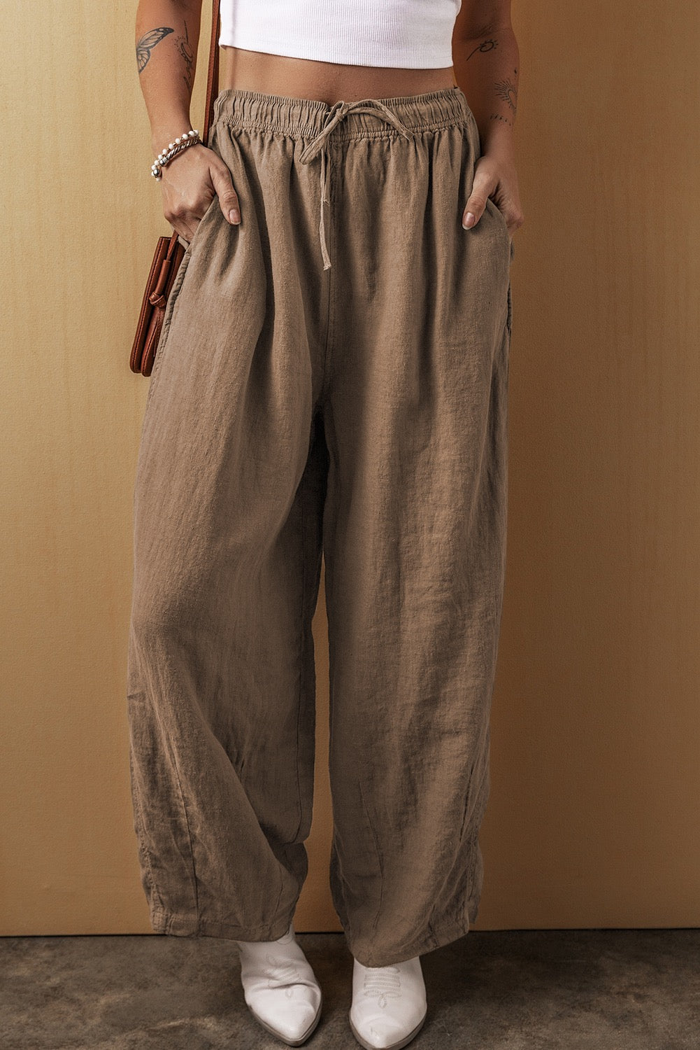 PREORDER Desert Palm Cotton Linen Drawstring Waist Wide Leg Pants