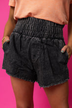 Load image into Gallery viewer, Black Smocked High Waist Mineral Washed Jean Shorts