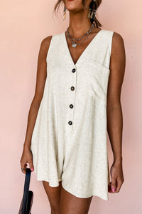 PREORDER Beige Sleeveless V Neck Buttoned Front Chest Pocket Romper