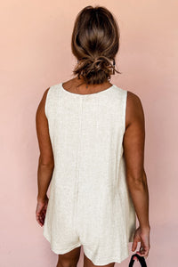 PREORDER Beige Sleeveless V Neck Buttoned Front Chest Pocket Romper