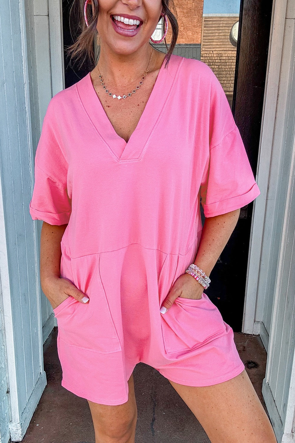 Loose Half Sleeve V Neck Knit Romper
