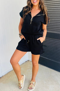 Textured Half Zip Kangaroo Pocket Top Drawstring Shorts Set