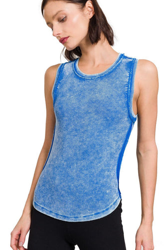Washed Ribbed Sleeveless Tank Top W/Exposed Seam