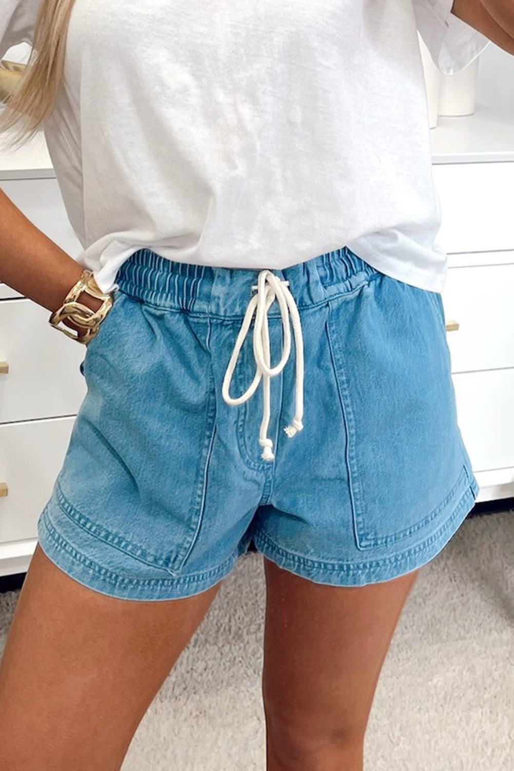 Drawstring Elastic Waist Denim Shorts