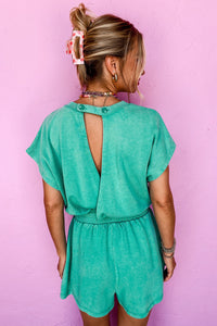Mineral Wash Drawstring Waist Hollow Out Back Short Sleeve Romper