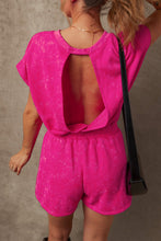 Load image into Gallery viewer, Mineral Wash Drawstring Waist Hollow Out Back Short Sleeve Romper