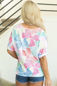 Bowknot Printed Waffle Crewneck Loose Short Sleeve Top