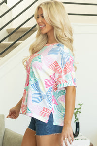 Bowknot Printed Waffle Crewneck Loose Short Sleeve Top
