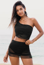 Load image into Gallery viewer, PREORDER Black Pleated Mesh One Shoulder Bikini Top and Skirts Set