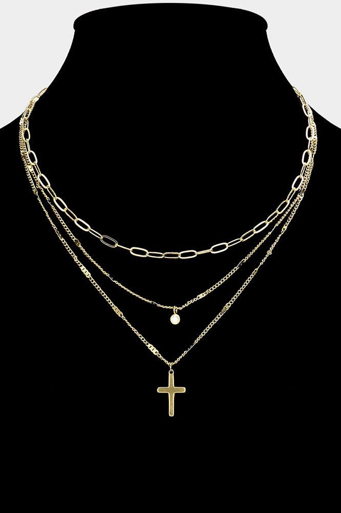 PREORDER Round Stone Brass Metal Cross Layered Necklace