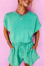 Load image into Gallery viewer, Mineral Wash Drawstring Waist Hollow Out Back Short Sleeve Romper