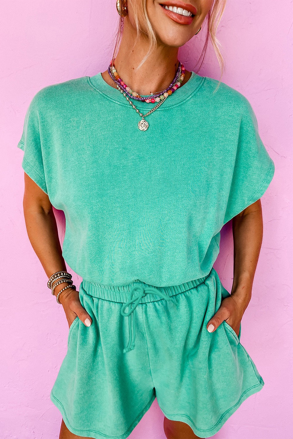 Mineral Wash Drawstring Waist Hollow Out Back Short Sleeve Romper